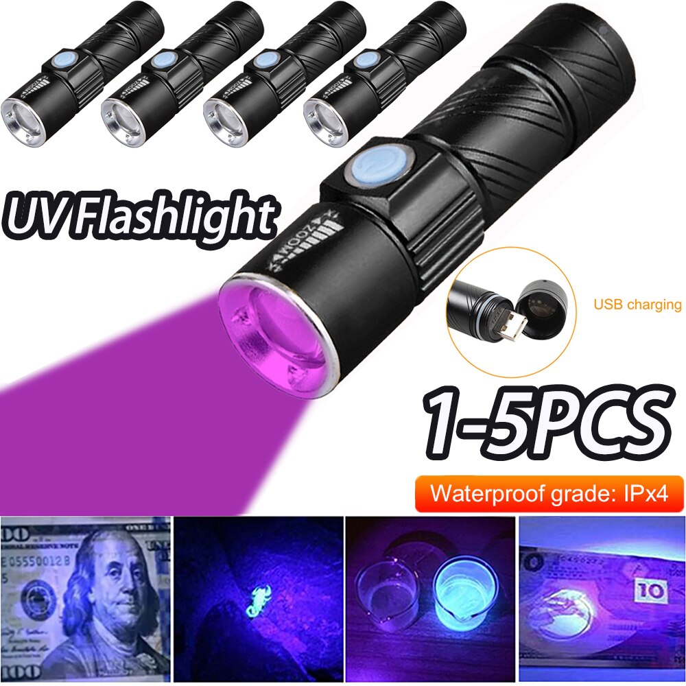 1-5pcs 울트라 바이올렛 LED 손전등 Blacklight 라이트 365nm 검사 램프, 토치 라이트 UV 램프 줌이 가능한 3 모드 자외선 램프